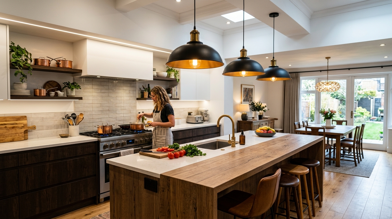 Open Kitchen with Statement Lighting