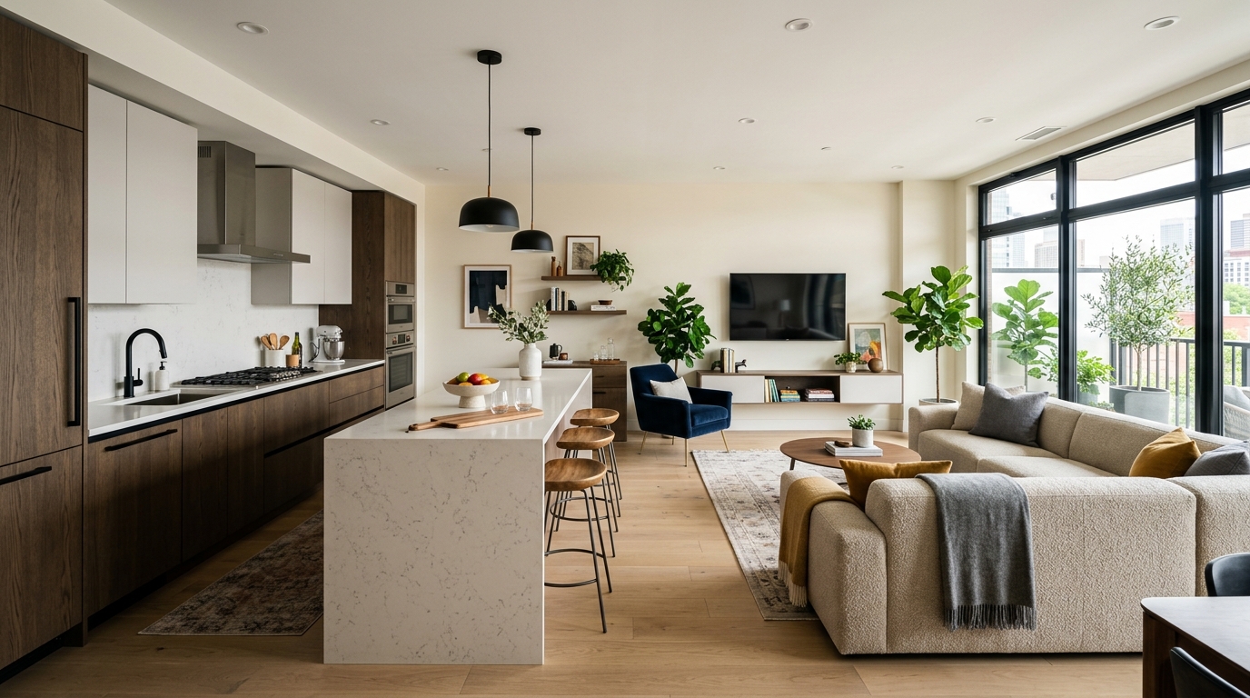 Seamless Living Room Integrated Kitchen